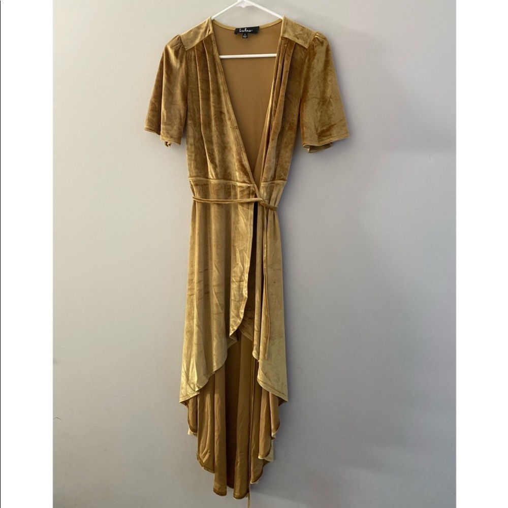 Lulu’s Gold Velvet High-Low Wrap Dress